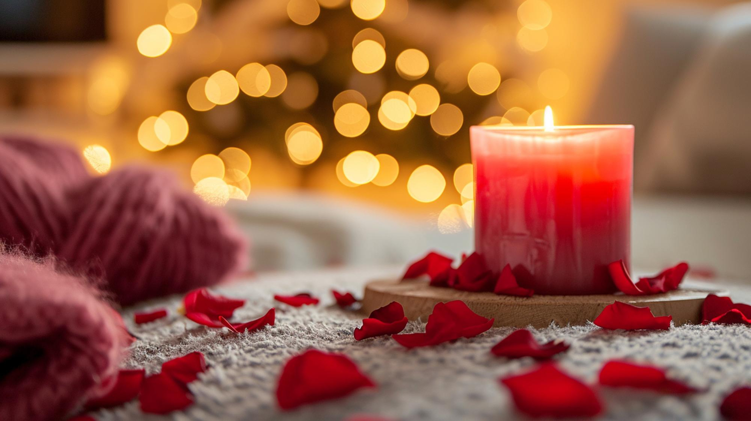 Ambiance romantique Love Explorers en France avec bougie rouge, pétales de rose et lumières dorées